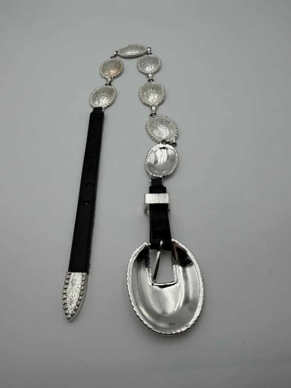 Tony Lama Black Leather Belt with Engraved Silver Conchos